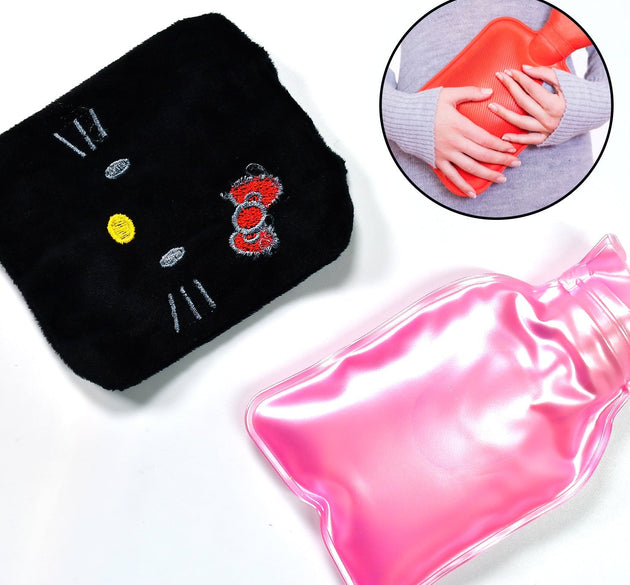 Black Hello Kitty hot water bag with cover for pain relief