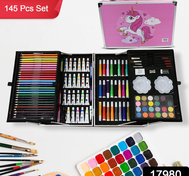 17980 Professional Art Set-Drawing Painting Sketching Coloring Kids Set All in 1 Art Case Perfect for Kids with Unicorn Design Case, Shading Crayons Oil Pastels Color Set Watercolor Cakes Paint Brush Sharpener Eraser (145 Pcs Set)