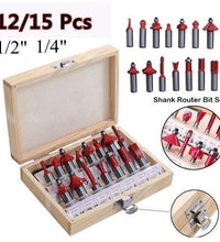 Milling cutter router bit set displayed in a storage case, emphasizing organization.