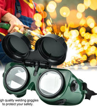 Protective welding goggles in dark green, large size.