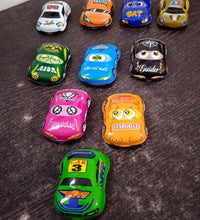 Set of mini pull back cars, ideal for kids, showing diverse car designs.