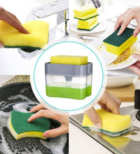 Countertop soap dispenser with integrated sponge space.