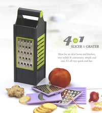 Practical plastic grater with four blade options for easy slicing and grating