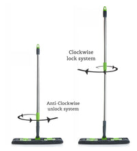 Multi-color microfiber flat mop with rotating head, telescopic handle, for wet and dry cleaning.