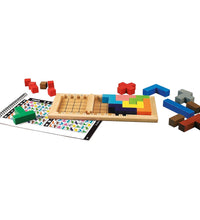 Wooden mind game with vibrant colors and pieces for interactive learning.