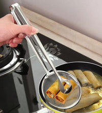 Stainless steel filter spoon with clip for frying and cooking.