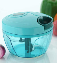 Compact hand-held vegetable chopper with stainless steel blades.