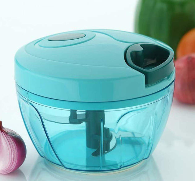 Compact hand-held vegetable chopper with stainless steel blades.