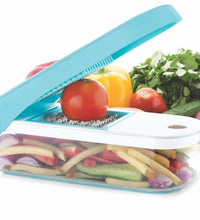 Plastic vegetable dicer by Ganesh, 7-in-1, blue color, shown from different perspectives.