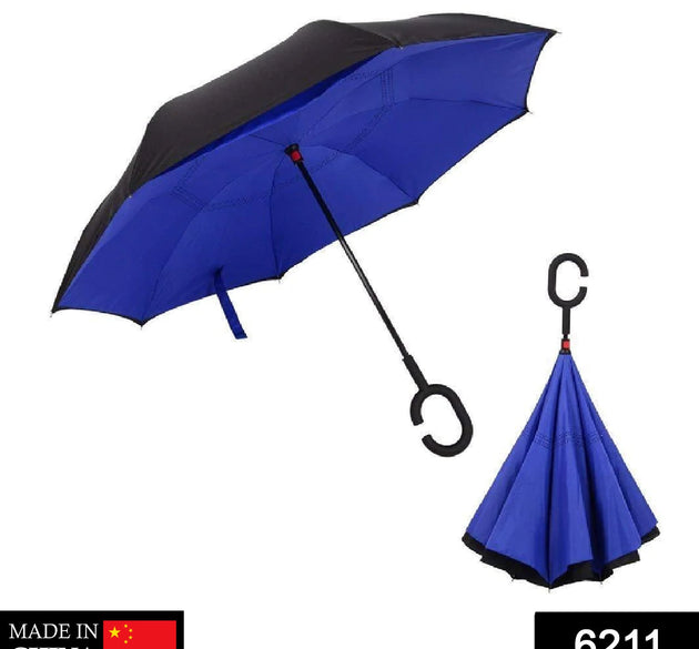 Plain design reverse umbrella with a windproof structure and C-shaped handle.