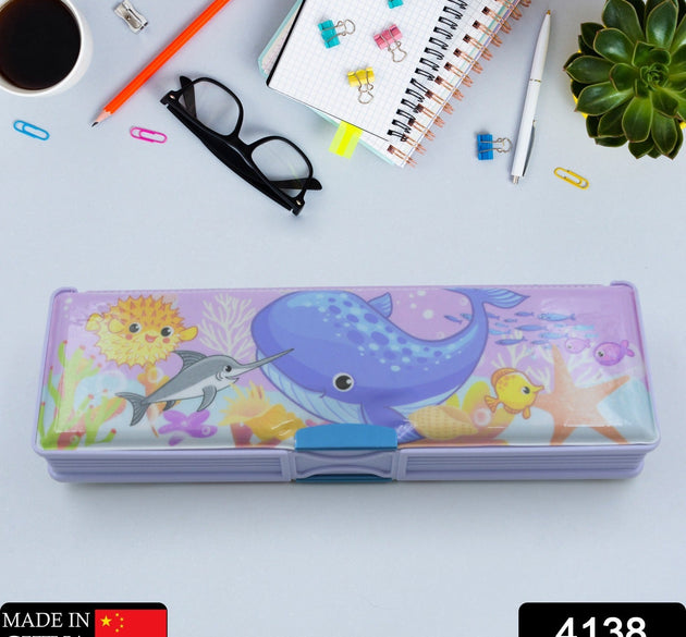 Cartoon-printed plastic pencil case with double compartments