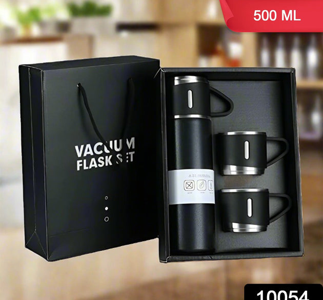 Stainless Steel Vacuum Flask Set with 3 Steel Cups Combo for Coffee Hot Drink and Cold Water Flask Ideal Gifting Travel Friendly Latest Flask Bottle. (500ml)