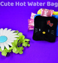 Black hot water bag with Hello Kitty design for menstrual cramps and pain relief