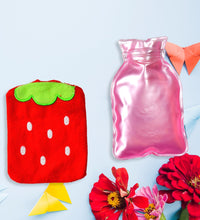 Mini hot water bag with strawberry design, perfect for shoulder pain.