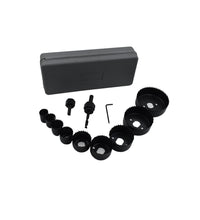 Complete 12 pcs hole saw kit for various sizes.