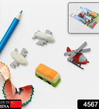 School erasers with vehicle designs