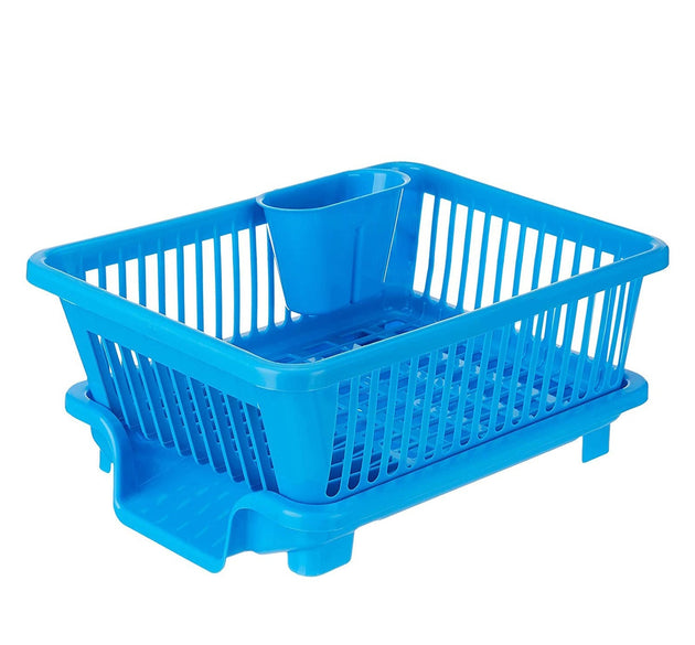 Plastic dish drainer rack with a brown box for drying dishes and utensils