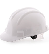 Safety helmet in use on a construction site, demonstrating its protective qualities