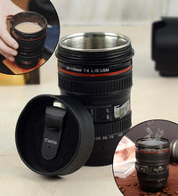 Plastic camera lens coffee mug made from stainless steel, featuring a detailed and realistic design