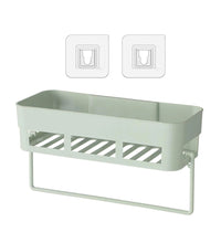 Multipurpose storage rack, wall-mounted for kitchen or bath.