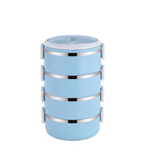 Multi-layered hot lunch box with four stainless steel layers.