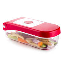 Plastic chopper by Ganesh, red, for vegetables and fruits, various perspectives.