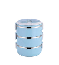 Three layer stainless steel lunch box for keeping food hot.