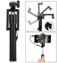 Adjustable selfie stick with aux cable for smartphones.