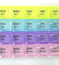 4-row weekly pill case organizer with 28 compartments for daily medicine storage.