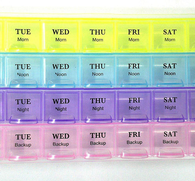 4-row weekly pill case organizer with 28 compartments for daily medicine storage.