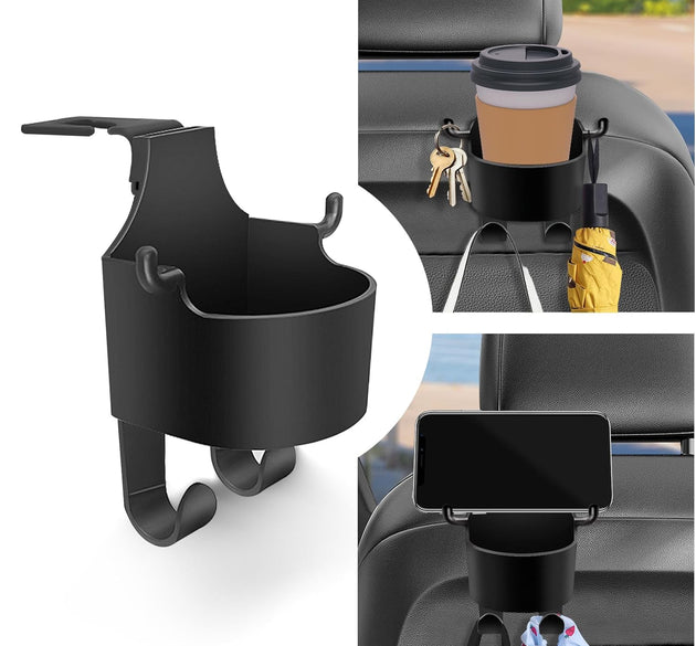 Car Headrest Backseat Organizer, 3 in 1 Automotive Cell Phone Drink cupholder Adapter with Headrest Hooks for Kids and Adults, Multifunctional Storage for Car Travel Accessories