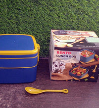 Blue portable lunch box with spoon and carrying handle