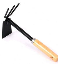 Gardening tool with double hoe ends and wooden handle.