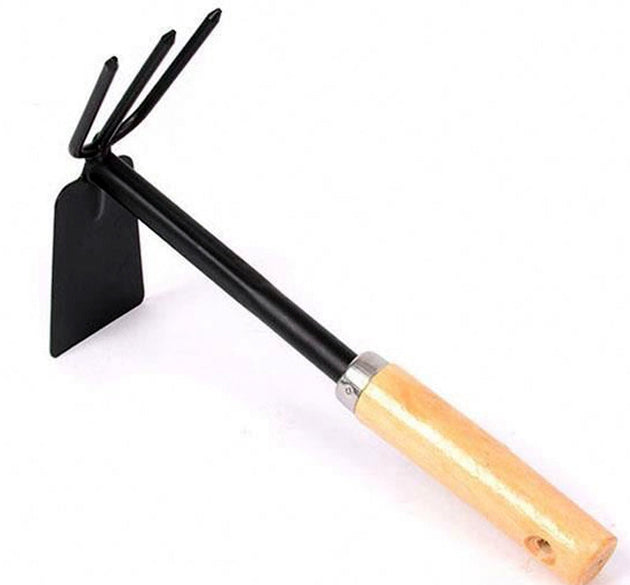 Gardening tool with double hoe ends and wooden handle.