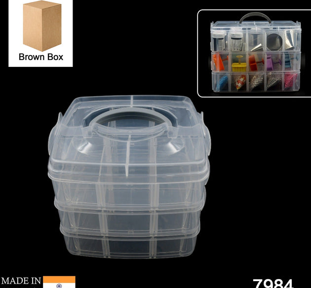 Transparent 18-grid organizer box with adjustable dividers for jewelry and hooks.