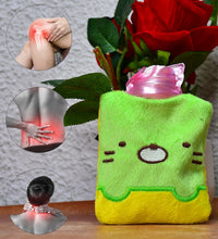 Hot water bag with green Kitty design for pain relief and menstrual cramps