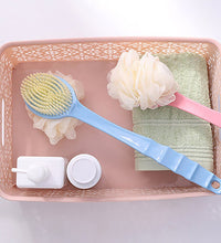 Bath brush with extended handle, 2-in-1 design for convenience.