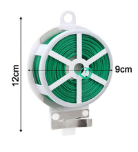 Twist tie wire spool with cutter for yard and garden plants, green color.