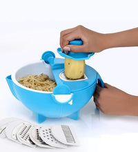 Multi-functional vegetable cutter and shredder with drain basket.