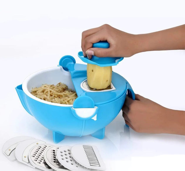 Multi-functional vegetable cutter and shredder with drain basket.