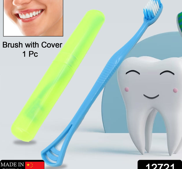 2 in 1 Soft Toothbrush and Tongue With Toothbrush Cover Cleaner Scraper for Men and Women, Kids, Adults Plastic Toothbrush Cover / Case / Holder (1 Pc)