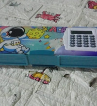 Double-sided plastic pencil box with calculator and art supplies