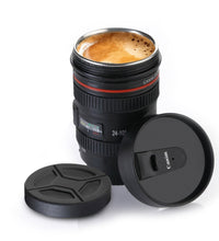 Camera lens shaped stainless steel coffee mug, showcasing its detailed design and metal finish