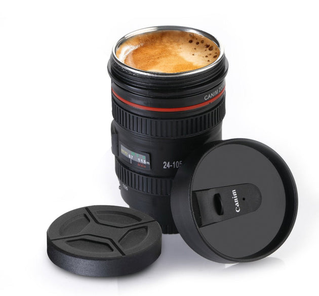 Camera lens shaped stainless steel coffee mug, showcasing its detailed design and metal finish