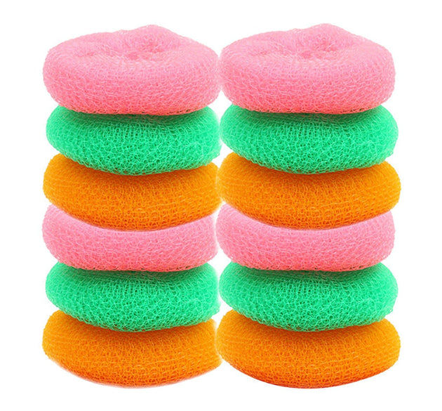 Set of 12 round nylon scrubbers, durable and effective for cleaning.