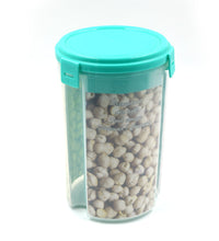 Clear, airtight storage dispenser set with three compartments and a color box.