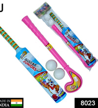 Various angles of plastic bat, ball, and hockey combo for children