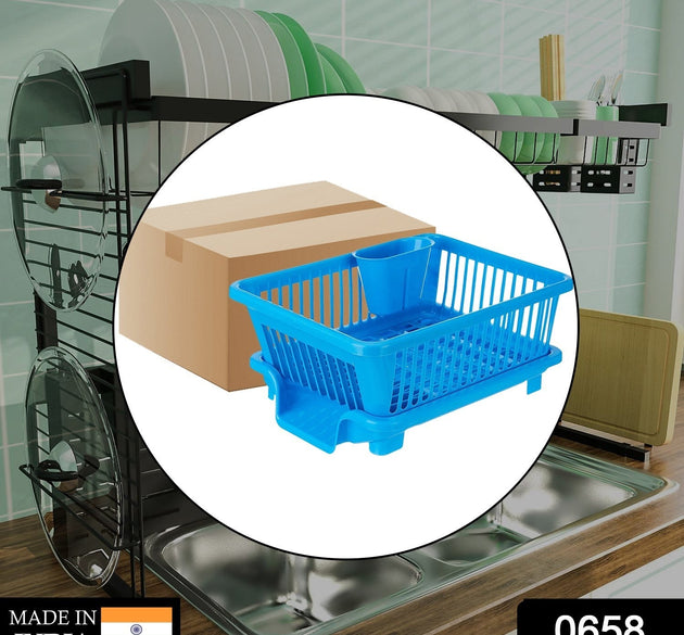 Plastic dish drainer rack with a brown box for drying dishes and utensils