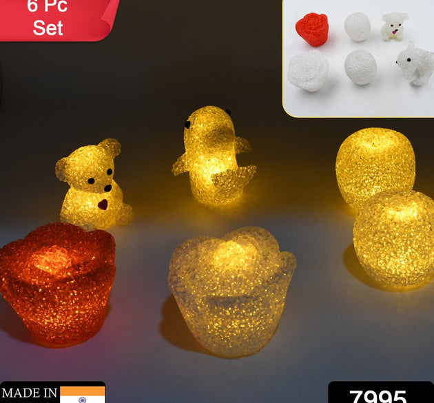 MULTI SHAPE SMALL LIGHT LAMPS LED SHAPE CRYSTAL NIGHT LIGHT LAMP (6 PC SET)