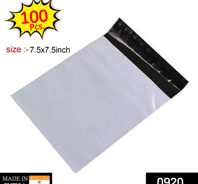 Pack of 100 tamper-proof courier bags, size 7.5X7.5 inches, displaying their design and packing